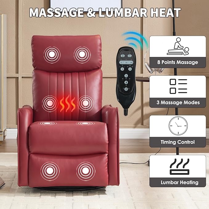 Swivel Rocker Recliner Chair 360° Swivel Recliner with Heat and Massage Rocker Recliner Nursery Glider Chair with Side Pockets for Living Room (Red Faux Leather)