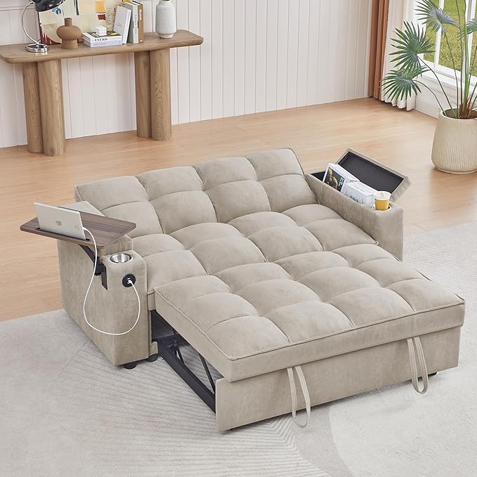 65 Cloud Couch Sleeper Sofa Bed with USB Charging Port &amp Side Pocket Chenille Fabric Pull-Out Sofa with Thick Cushions High Resilience Foam &amp Pillows for Living Room Apartment Small Space