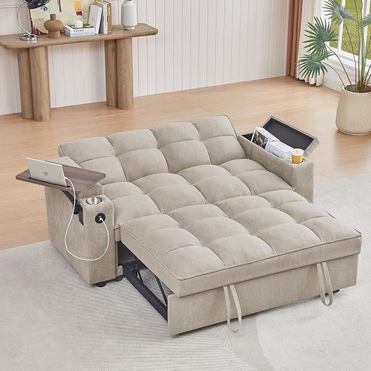 65 Cloud Couch Sleeper Sofa Bed with USB Charging Port &amp Side Pocket Chenille Fabric Pull-Out Sofa with Thick Cushions High Resilience Foam &amp Pillows for Living Room Apartment Small Space
