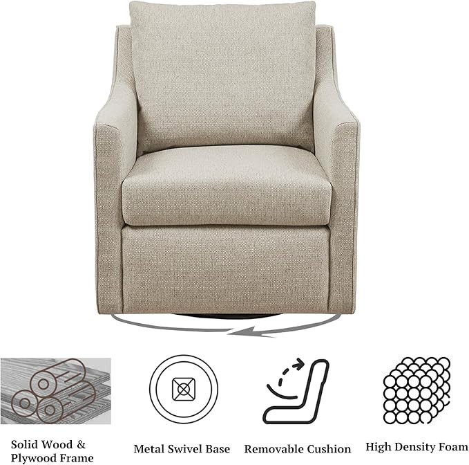 Martha Stewart Amber Swivel Chair for Living Room Barrel Style Bedroom Lounge Removable Foam Seat Cushion Upholstered Nursery Furniture Metal Base Fully Assembled 30.5 D x 30 W x 35 H Natural