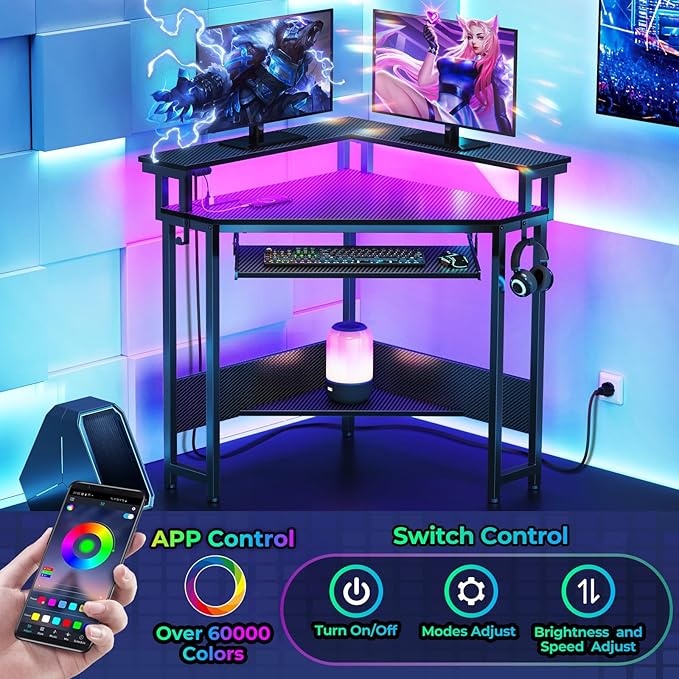 Rolanstar Corner Desk 44.5 W x 34.5 H Carbon Fiber Computer Desk with Power Outlets LED Lights and Keyboard Tray Small Office Computer Desk with Monitor Stand for Small Space Carbon Black