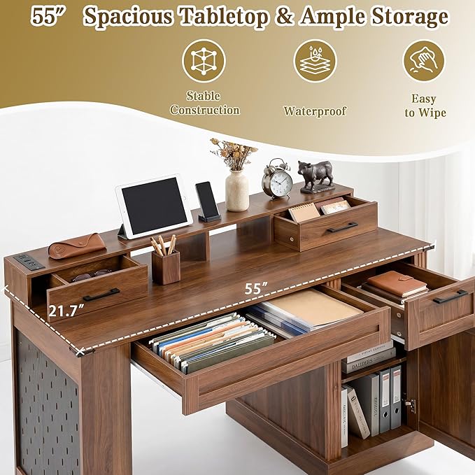 55 Farmhouse Office Desk with Storage Cabinet &amp Drawers Computer Writing Desk with Power Outlet Monitor Stand &amp Pegboard Built-in Shelves and Keyboard Tray for Study Home Office (Walnut)