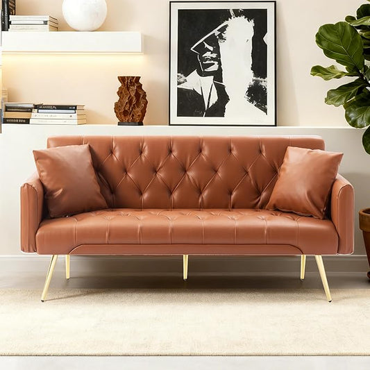 Anwick 72 Modern PU Leather Sofa Bed FutonConvertible Folding Sleeper Bed Couches with 3 Adjustable BackrestsTufted Recliner Loveseat with Golden Chrome Legs for Small Living Room Office (Brown)