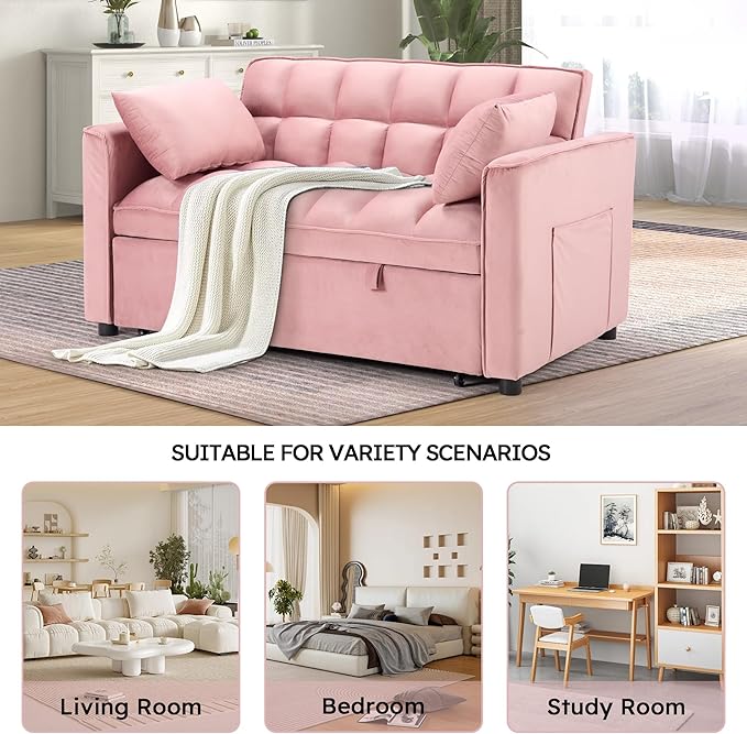 EBELLO 3 in 1 Convertible Sleeper Sofa Bed Modern Velvet Loveseat Couch Pullout Bed for Living Room Small Love Seat Lounge Sofa with Reclining Backrest Pillows and Side Storage Pocket Pink