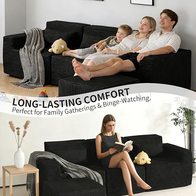 Cloud Modular Sectional CouchSectional Sofa with Deep Seat Sofa Couch with ChaiseBoneless Couches for Living Room BedroomNo Assembly Required (Black 3 Seater)