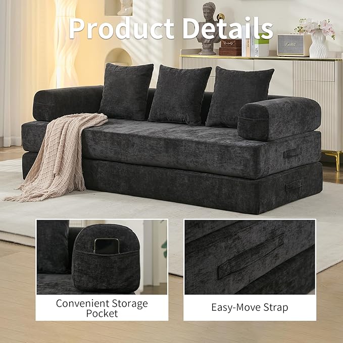 Convertible Sofa Bed 4-in-1 Floor Foldable Couch Bed with Armrests &amp Pillow Chenille Fabric No Assembly Required Comfy Memory Foam Couch Lounge Sofa for Living Room Black