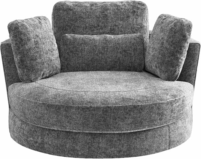 49.6''W Swivel Accent Barrel Chair Oversized Chenille Upholstered Round Single Couch Sofa with 4 Pillows for Living Room Apartment Bedroom (Gray).
