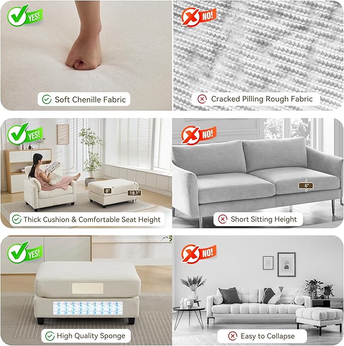 57.5 Oversized Chaise Lounge with Ottoman Indoor White Reading Chair with Ottoman &amp Sofa Bed Chenille Upholstered Comfy Sleeper Chair for Living Room Bedroom Office