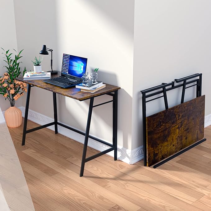 ASTARTH Folding Desk-40 Inch Writing Computer Desk Space Saving Foldable Table Modern Simple Style PC Table Black Metal Frame-Home Office Desk No Assembly Required Rustic Brown