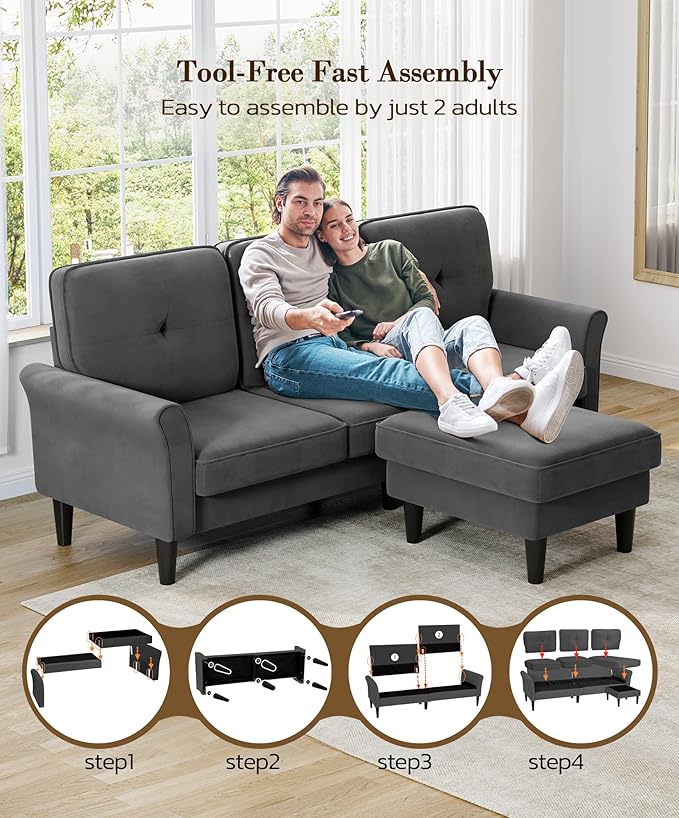 83 Sectional Couch Velvet L-Shaped Couch 3 Seater Sectional Couches for Living Room Comfy Fluffy Deep Seat Loveseat Modular Sectional Sofa with Ottoman for Apartment Office Grey