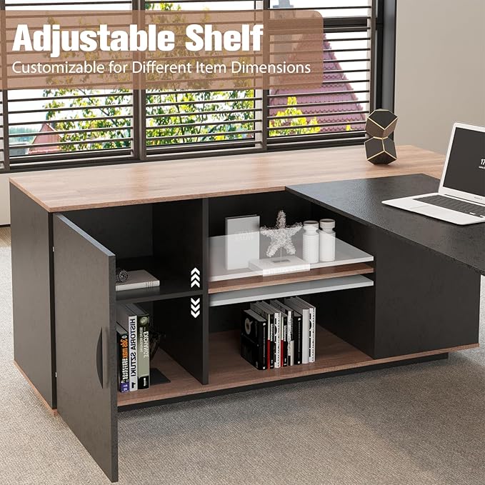 63 L Shaped Executive Desk Reversible Office Desk with Power Outlets Modern Computer Desk with lateral File Cabinet &amp Open Shelves  Wooden Business Furniture Desk for Office WorkHome Study