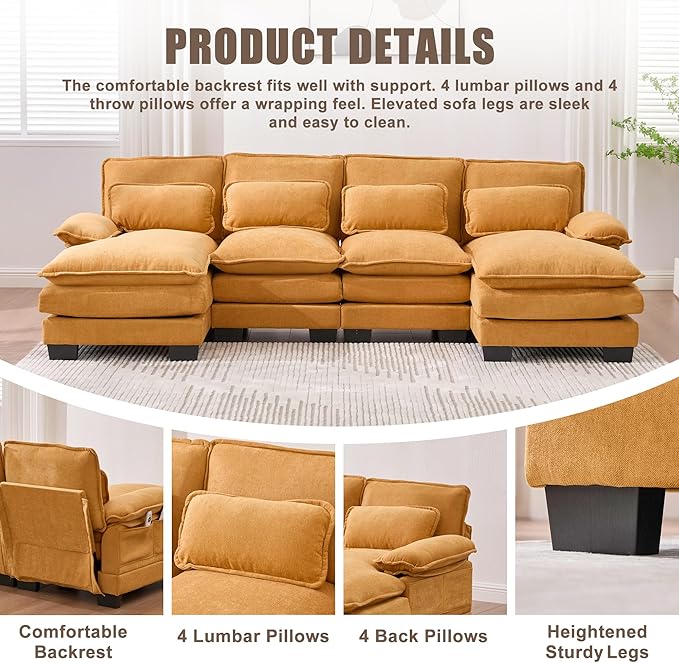 KEIKI 108 U-Shaped Chenille Modular Sectional Chenille Sofa with 2 Movable Ottoman &amp Pillows &amp 2 Side Pocket Oversized 4-Seater Couch with Memory Foam Cushion Easy Assembly for Living Room