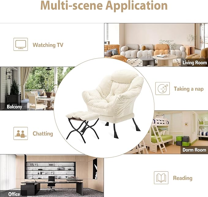 Lazy Chair with Folding Ottoman Accent Chair Plush Upholstered with Metal Structure and Non-Slip Pads Sofa Armchair with Footrest and Side Storage Bag for Dorm Room Office Beige