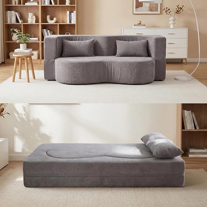Convertible Sofa Bed 78'' Queen Size Folding Sleeper Sofa with Pillow 2-in-1 Teddy Fabric Boneless Loveseat Floor Couch &amp Mattress for Living Room Guest Room No Assembly Required (Grey)