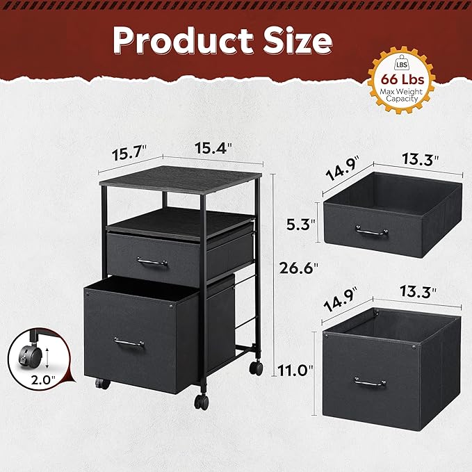 DEVAISE Mobile File Cabinet Rolling Printer Stand with Open Storage Shelf Fabric Vertical Filing Cabinet fits A4 or Letter Size for Home Office Black