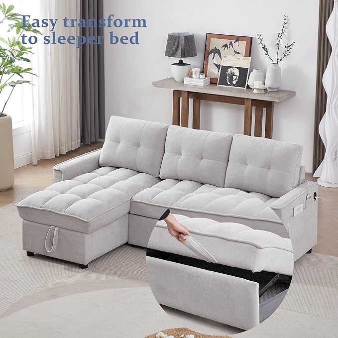 Reversible Sectional Sleeper - Pull Out Sofa Bed Couch with USB and Tape-c Charging Ports L-Shape Sleeper Sectional Sofa Couch for Living Room Office and Small Apartment (Light Grey)