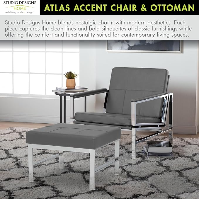 Atlas Bonded Leather Accent Chair with Ottoman Set Mid-Century Modern Lounge Chair &amp Footrest with Chrome Legs for Living Room or Office Guest Seating Chrome/Smoke
