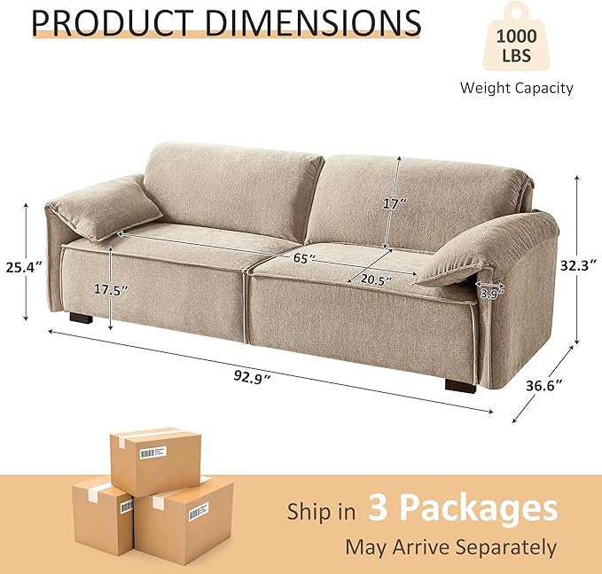 VANOMi 92.9 Sofa Couch for Living Room Modern Comfy 3-Seater Cloud Sofas Chenille Small Couches for Small Spaces Upholstered Deep Seat Couch for Bedroom Apartment (Natural)