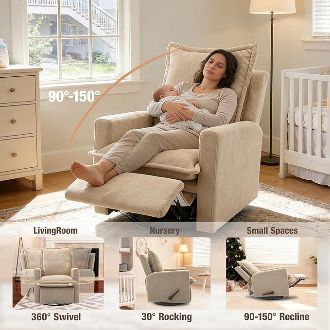 Euthymia Swivel Rocking Chair Nursery High Back Glider Rocker Recliner Chair for Small Spaces Manual Reclining Sofa for Living Room Bedroom Beige