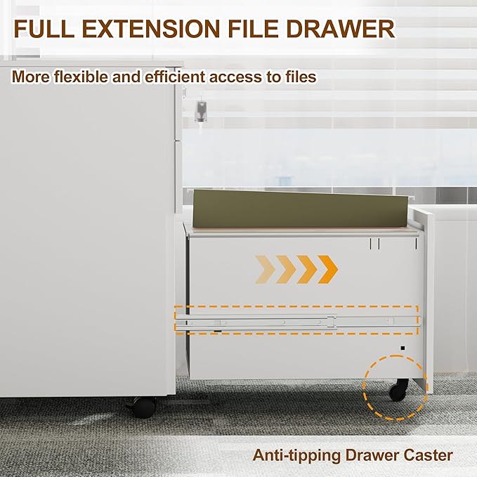 Mobile File Cabinet with 3 Locks 3 Drawer File Cabinets for Home Office Under Desk Metal Filing Cabinet for A4/Letter/Legal Lockable Fully Assembled Except castors White