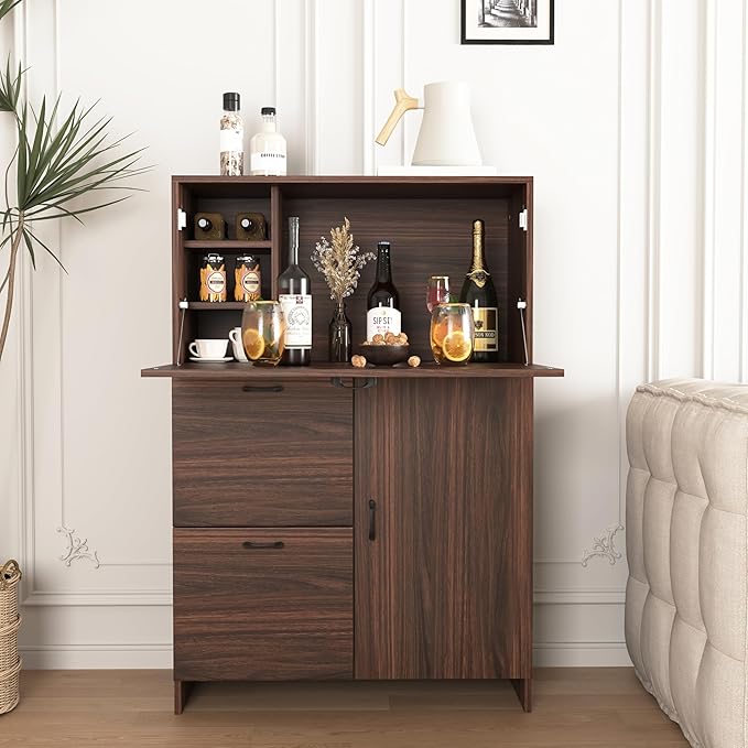 Space-Saving Fold-Up Desk Cabinet with Storage Drawer &amp Shelves for Home Office Dorms