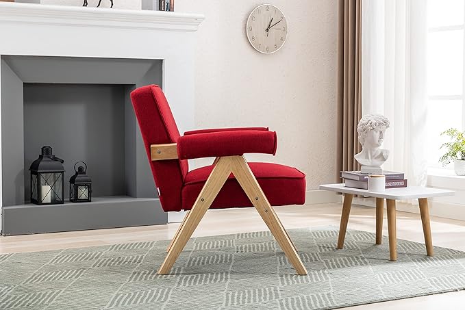 Leisure Chair with Solid Wood Armrest and Feet Mid-Century Modern Accent Chair for Living Room Bedroom Studio Chair