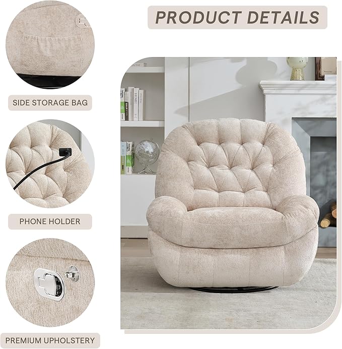 Oversized Swivel Rocker Recliner ChairSwivel Rocking Sofa Large Recliner Glider Chair with Phone Holder Chenille Fabric (Beige)