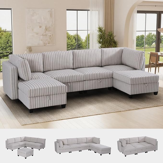 6 Seat Modular Sectional Sofa with Storage Convertible Sectional Couch Modular Sofa with Chaise Living Room Furniture Sets U Shaped Couch with Ottoman Couches for Living Room Blue Stripe