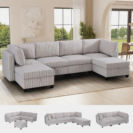 6 Seat Modular Sectional Sofa with Storage Convertible Sectional Couch Modular Sofa with Chaise Living Room Furniture Sets U Shaped Couch with Ottoman Couches for Living Room Blue Stripe