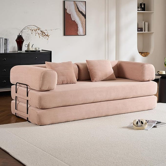 Convertible Folding Couch Bed Comfy Corduroy Sleeper Floor Sofa Bed with Fixed-Shape Frame Floor Sofa with Armrest Lounge Couch for Living Room Bedroom Lounge StudioPale Pink