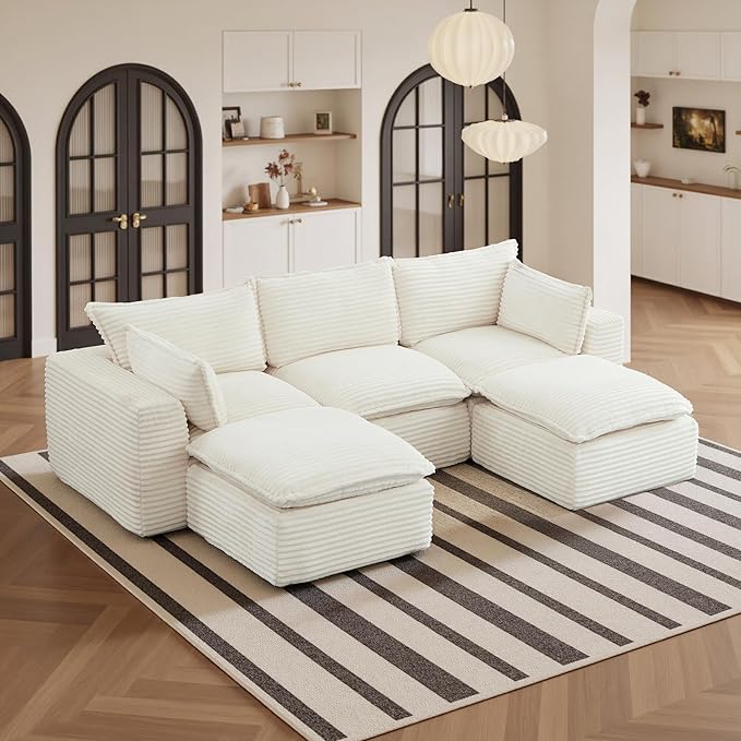 110 Sectional Couches for Living Room Boneless Couch Upholstered Cloud Couch Sectional Modular Sectional Sofa with L Shaped (Corduroy-White 3 Seat+2 Ottoman)