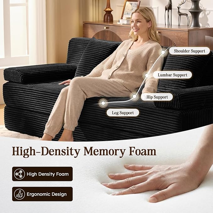 78.7IN Folding Sofa Bed - Convertible Sleeper Sofa Couch with Removable Pillows 3 Seater Couches Bed for Living Room Bedroom Apartment No Assembly Required Freestanding Corduroy Black