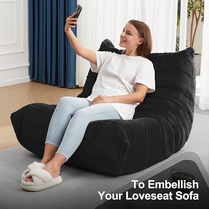 Bean Bag Chairs for Adults Giant Bean Bag Chair Memory Foam BeanBag Chair Bean Bag Sofa with Filler Faux Fur Fireside Beanbags Lazy Sofa for Living Room Bedroom Office (Black Plush Single)