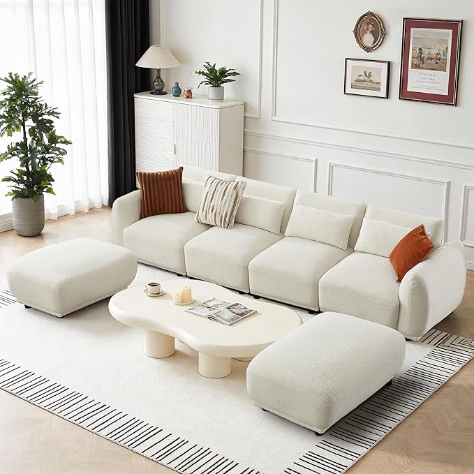 U Shaped Cloud Sectional Convertible L Shaped Couch with Removable OttomansModular Cloud Couch Sectional for Living Room(4 Set + 2 Ottomans - White)