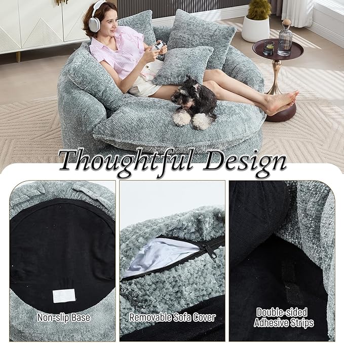54 Oversized Round Chair Couch Lounge Chaise Indoor Comfy Boneless Sofa for Living Room Cloud Large Circle Couch Chair with 5 Pillows Fluffy Modern Sleeper Sofa Bed for Reading (Blue Gray)