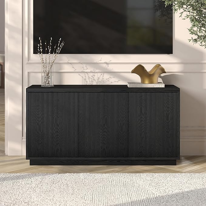 Henn&ampHart Fluted TV Stand for TVs up to 55 with 3 Swing Out Ribbed Doors and Adjustable Shelves for Living Room Family Room or Office Natural Black