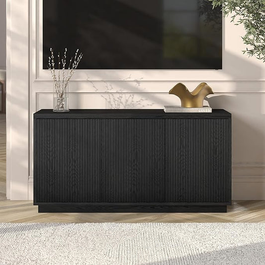 Henn&ampHart Fluted TV Stand for TVs up to 55 with 3 Swing Out Ribbed Doors and Adjustable Shelves for Living Room Family Room or Office Natural Black