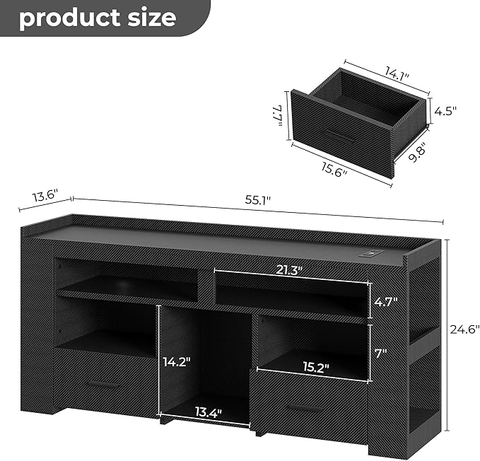 IRONCK TV Stand for 65 Inch TV Carbon Fiber Entertainment Center with 2 Drawers Charging Station &amp RGB LED Light Gaming Media Console for PS4 Bedroom Living Room Black