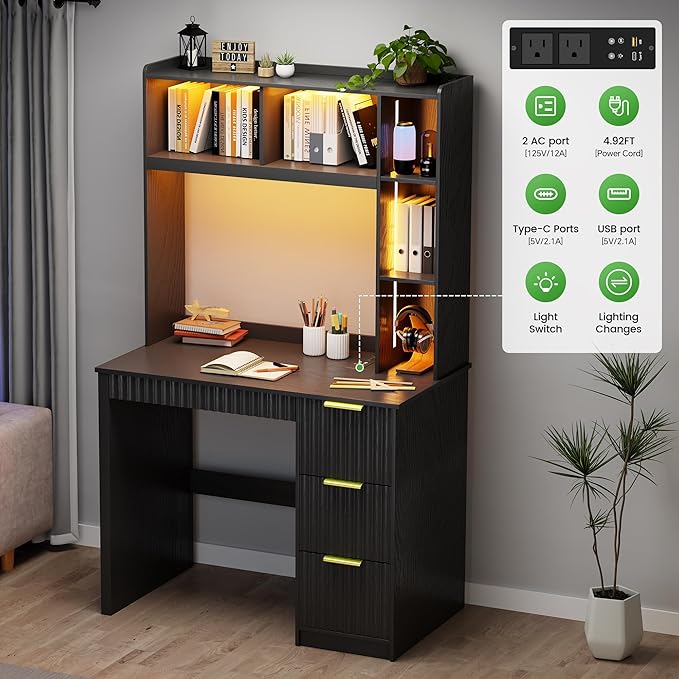 HNEBC Home Office Desk with Hutch and Drawers - 39 Standing Computer Desk with Charging Station&amp3 Color LightsHidden Compartment &amp Fluted Panel Design LED Writing Desk for Bedroom Study (B