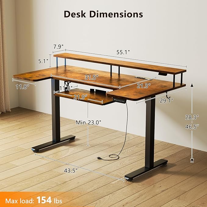 OffiGo U Shaped Electric Standing Desk with Keyboard Tray 55 Inch Height Adjustable Desk with Power Outlets &amp LED Lights Sit Stand Table with Monitor Stand for Home Office Rustic Brown