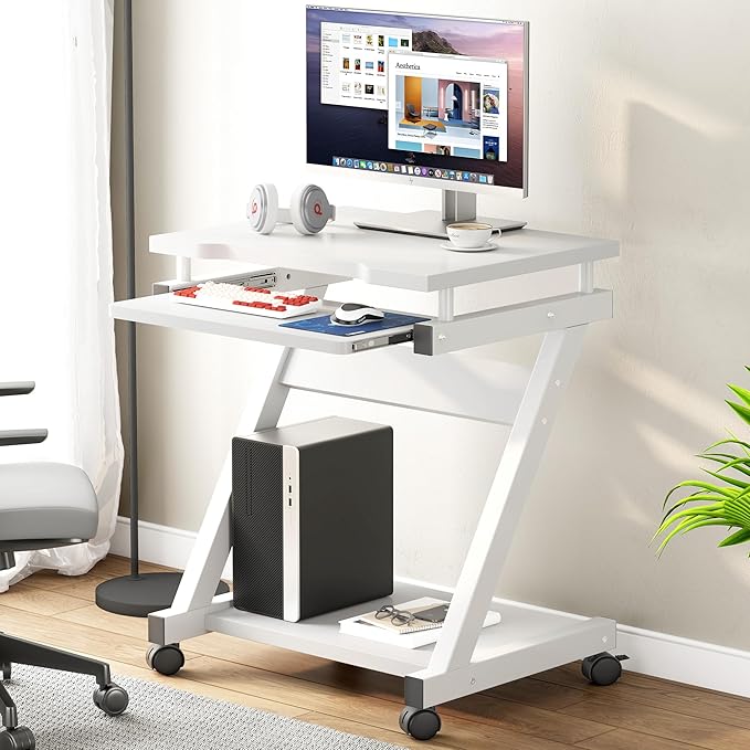 sogesfurniture Mobile Compact Computer Desk Cart for Small Spaces Portable Computer Desk Small Rolling Work Workstation for Home and Office with Printer Shelf Keyboard DrawersWhite