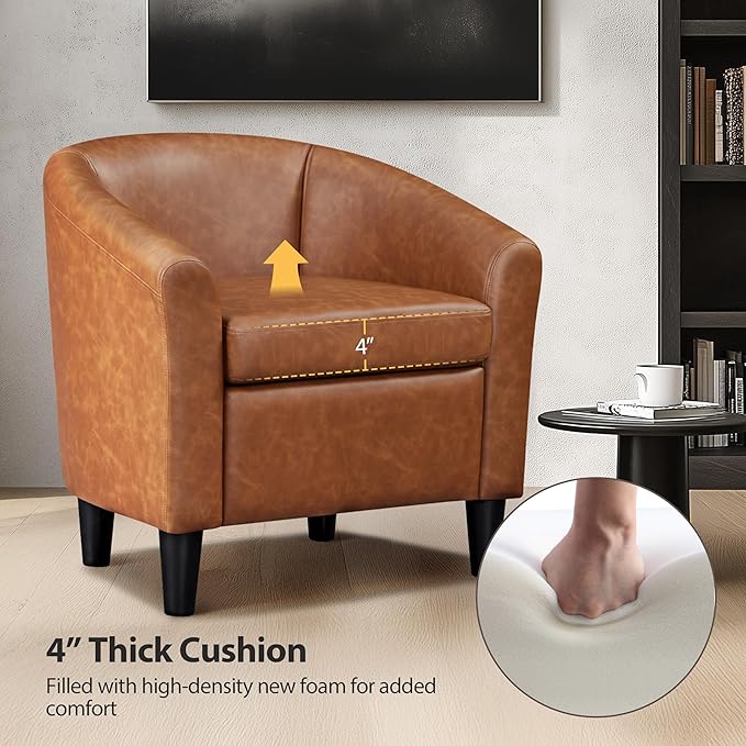 Topeakmart Leather Accent Chair PU Leather Modern Barrel Chair Club Armchair with Soft Padded for Living Room Bedroom Brown Set of 2