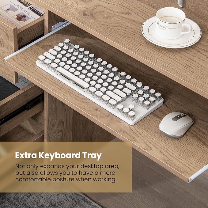 Nightcore 42” Computer Desk with Power Outlets Writing Desk with 3 Storage Drawer &amp Keyboard Modern PC Workstation Study Desk for Bedroom Home Office (Natural)