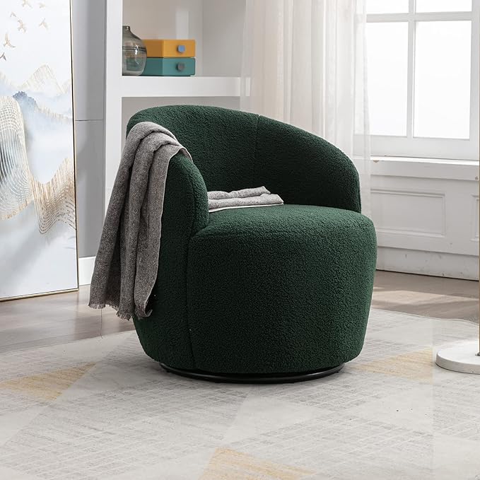 kevinplus Swivel Barrel Chair Accent Armchair for Living Room Bedroom 360 Degree Modern Round Upholstered Single Sofa Couch Chair Cozy Small Swivel Chair for Apartment Teddy Fabric Dark Green