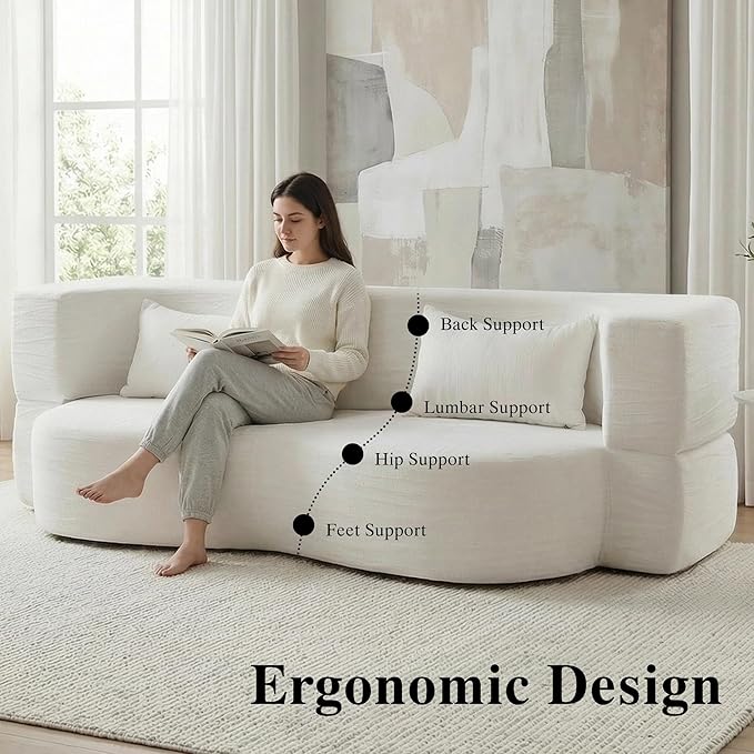 Convertible Sofa Bed 78'' Queen Size Folding Sleeper Sofa with Pillow 2-in-1 Teddy Fabric Boneless Loveseat Floor Couch &amp Mattress for Living Room Guest Room No Assembly Required (White)