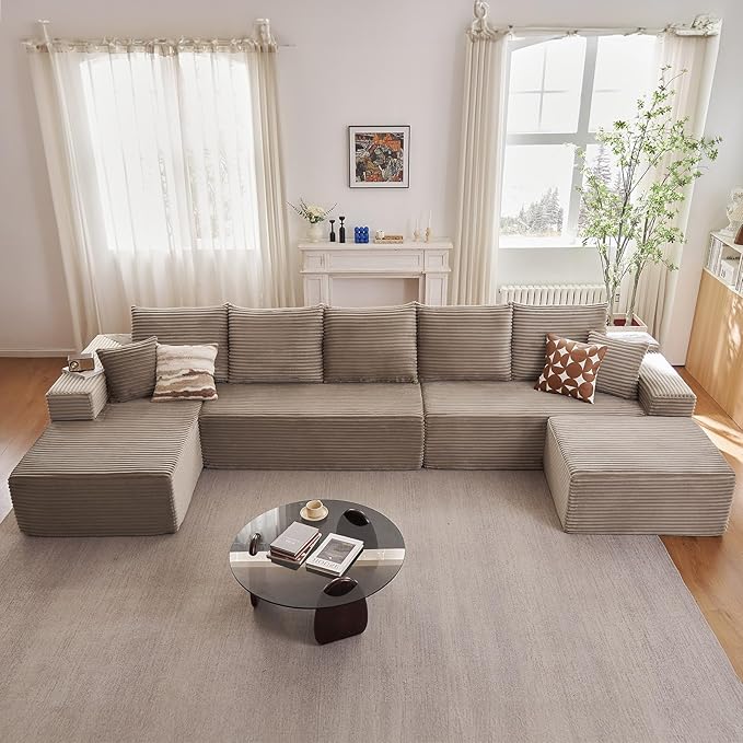 Cloud Modular Sectional Sofa for Living Room167x69.7 Oversized U-Shaped Couch with 7 PillowsBig Comfy Couches SetFluffy Corduroy Sofa with Ottoman &amp ChaiseNo Assembly(CamelLeft-Facing Chaise)