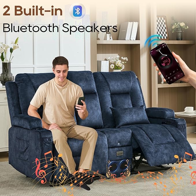 URRED Manual Reclining Loveseat Sofa with Console Double Recliner RV Couch with Bluetooth Speakers USB &amp Power Outlet Cup Holders Pillow and Side Pocket for Home Theater (Blue)