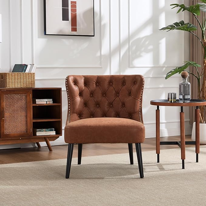 Kmax Accent Chairs Set of 2 Leather Slipper Chairs with Button Tufted Wingback Armless Living Room Chairs with Nails Modern Side Chairs for Bedroom Reception Small Space - Pu Brown Black Legs