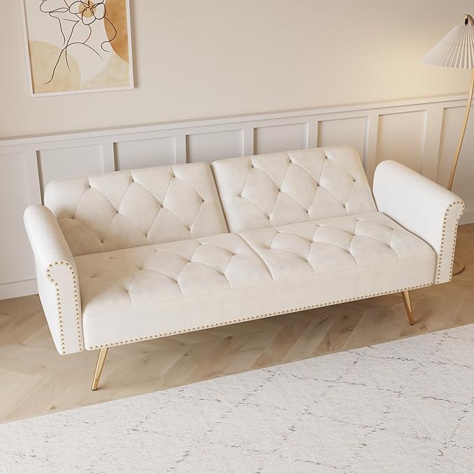 ERYE Tufted Futon Sofa Bed Modern Velvet Upholstered Loveseat Sleeper Futon Sofabed with Split Adjustable Backrest Nailhead Decor and Elegant Golden Legs for Home Apartment RV Office Studio Bedroom