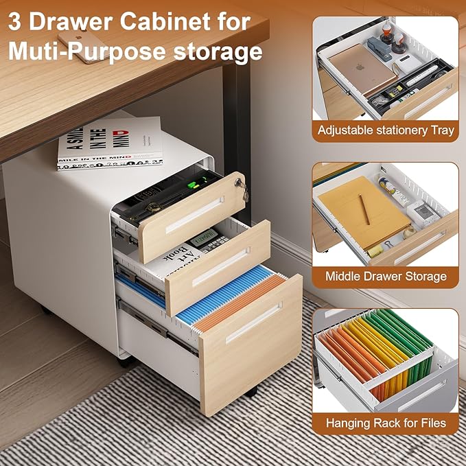 3 Drawer Mobile File Cabinet with Lock Under Desk Metal Filing Cabinet for Home Office Assembled Removable Under Desk Storage with Wheels for A4-Size/Letter-Size/Legal-Size (Wood Grain)